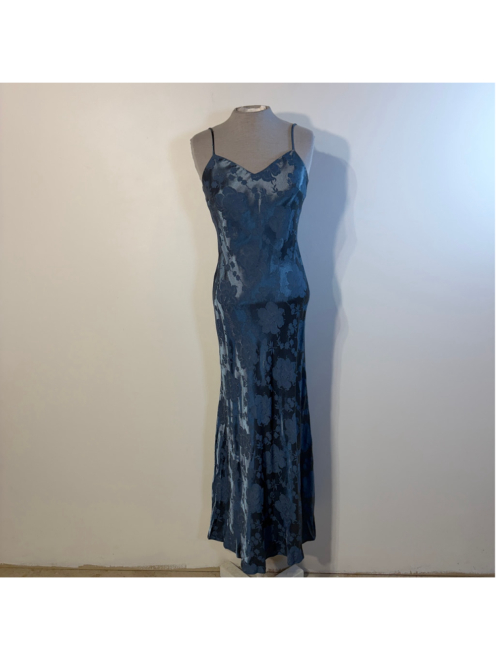Vintage Algo Petite Dusty Blue Jacquard Floral Slip Maxi Dress Size 8 Wedding